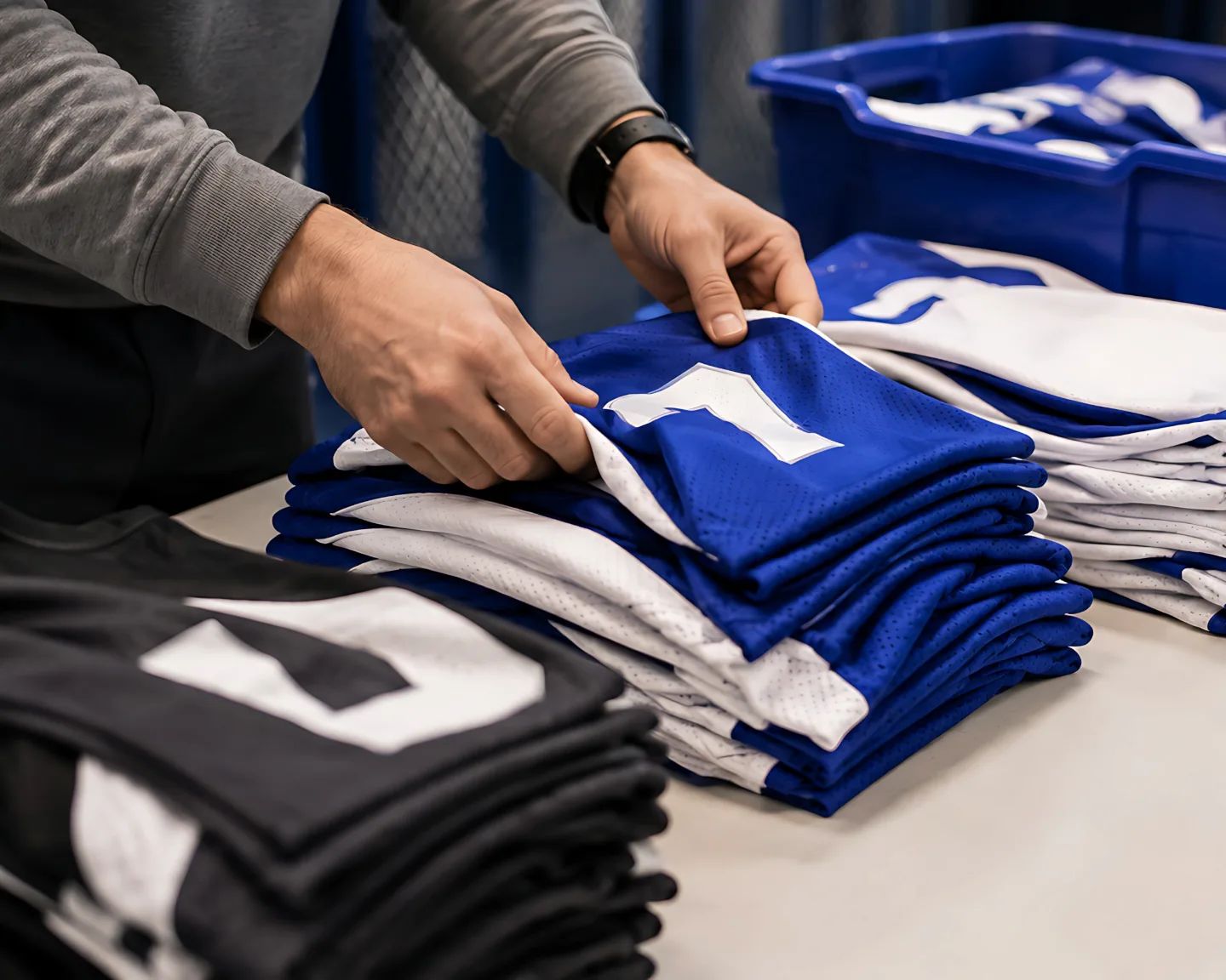 Hands sorting stacks of numbered team jerseys on a table in a dressing room