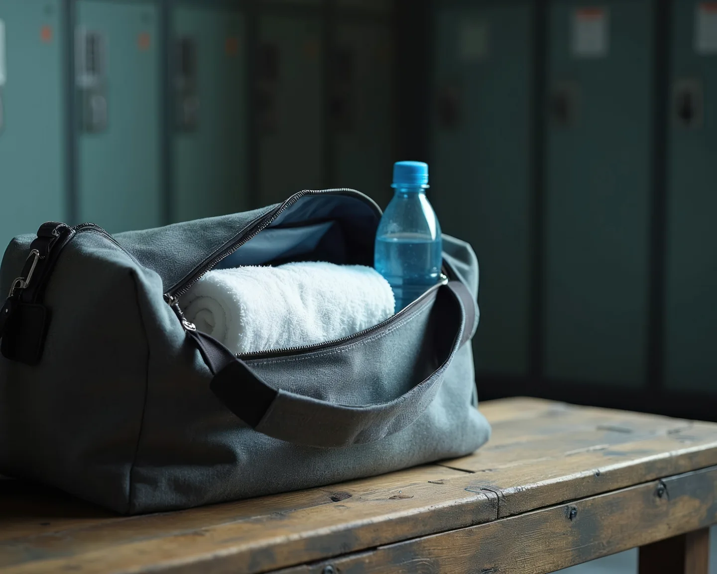 An open equipment bag on a dressing-room bench