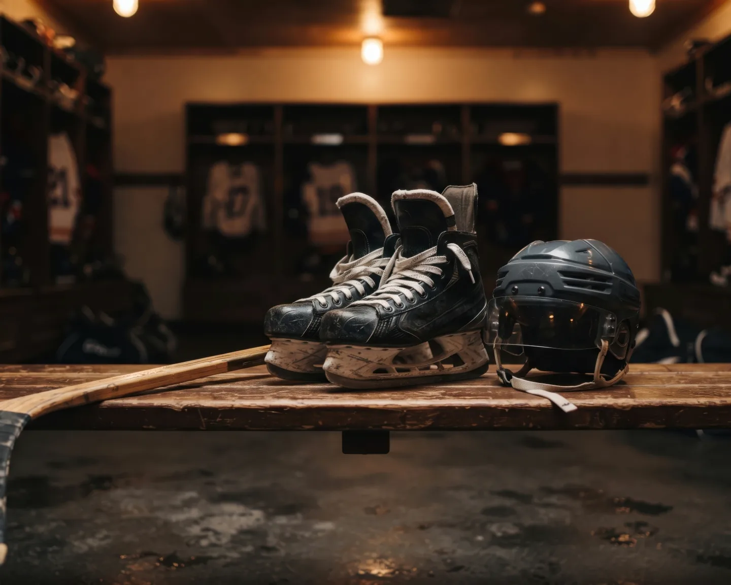 Hockey skates, a helmet and a stick on a wooden bench in a dressing room