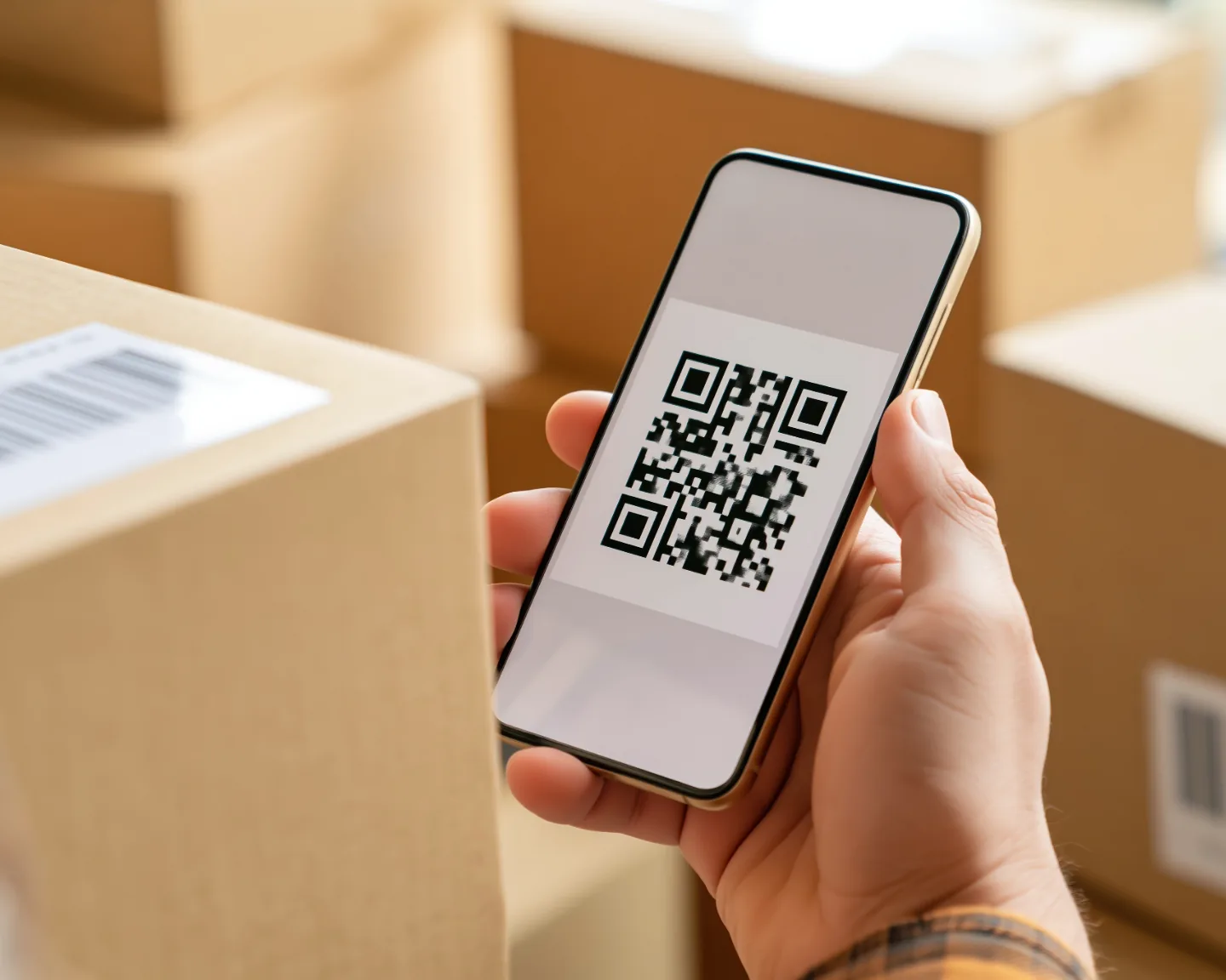 A hand holding a phone that is scanning a QR code tag
