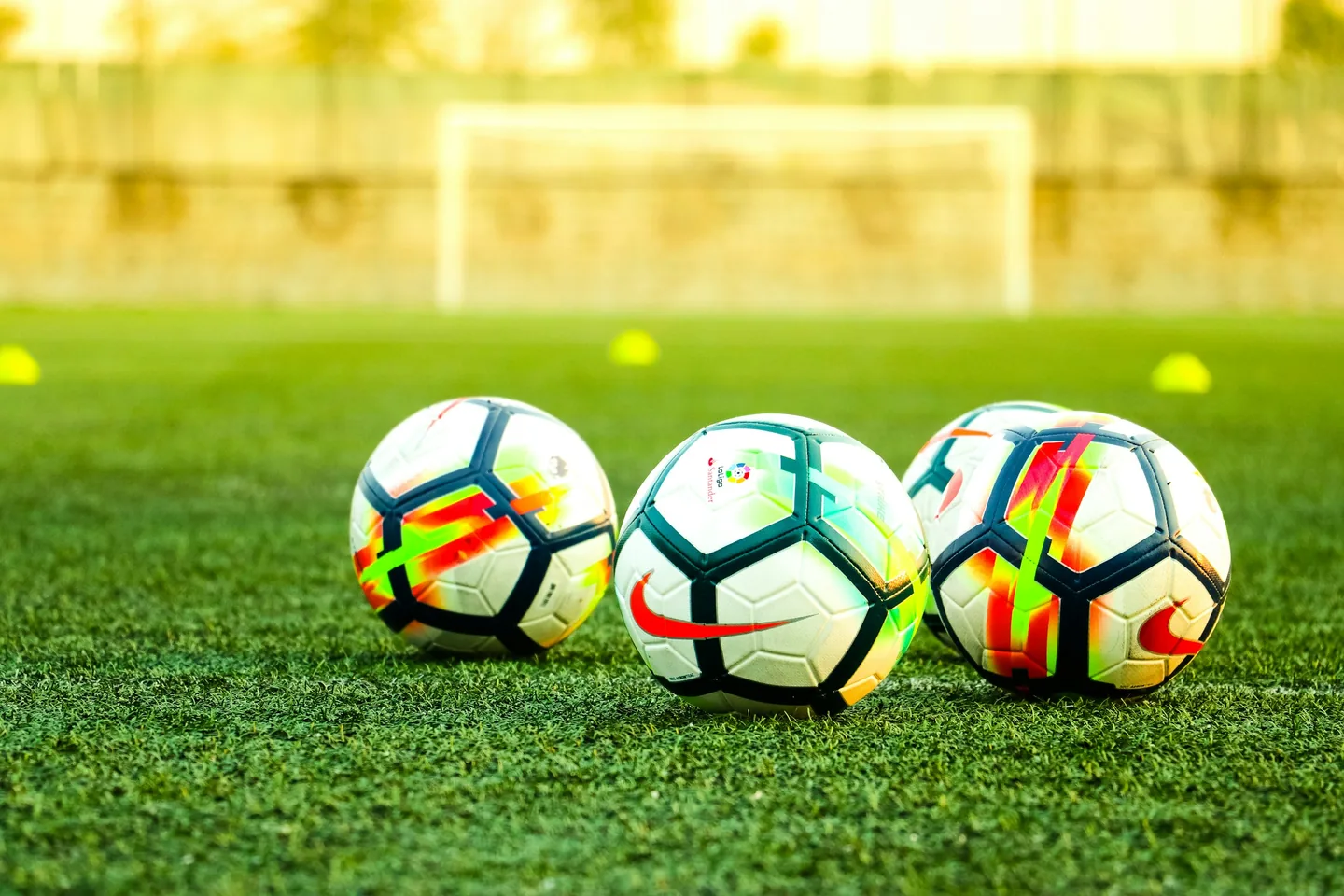 Three soccer balls on a field