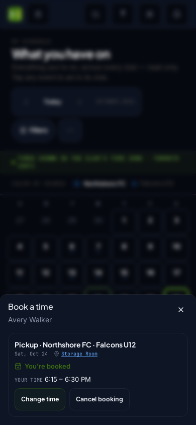 A family's phone: the pickup time booked from their own calendar, with the storage room and the spot