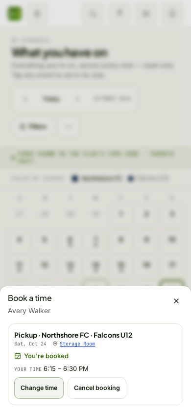 A family's phone: the pickup time booked from their own calendar, with the storage room and the spot
