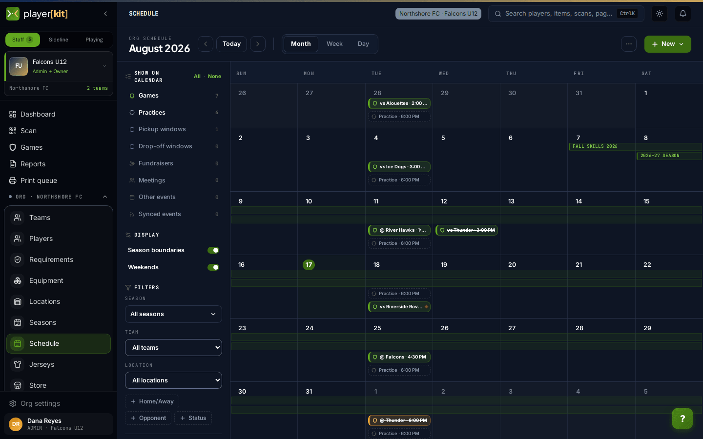 Calendrier de l’organisation, vue mensuelle