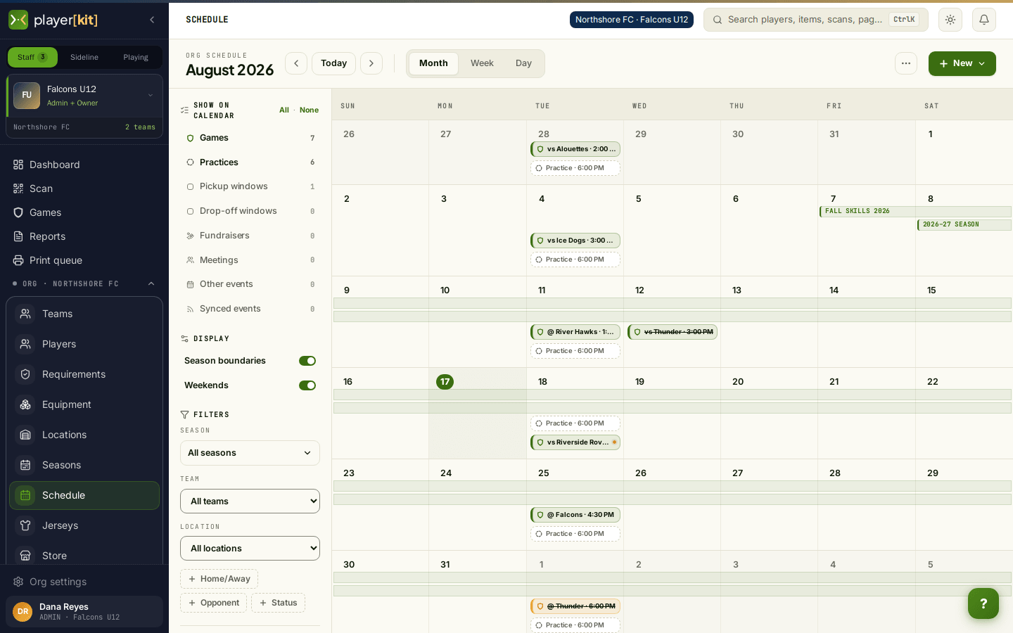 Calendrier de l’organisation, vue mensuelle